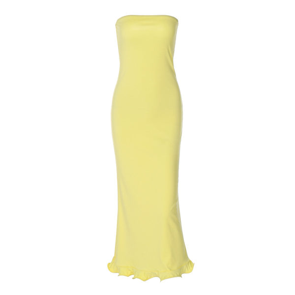 Robe longue tube à volants unie dos nu 