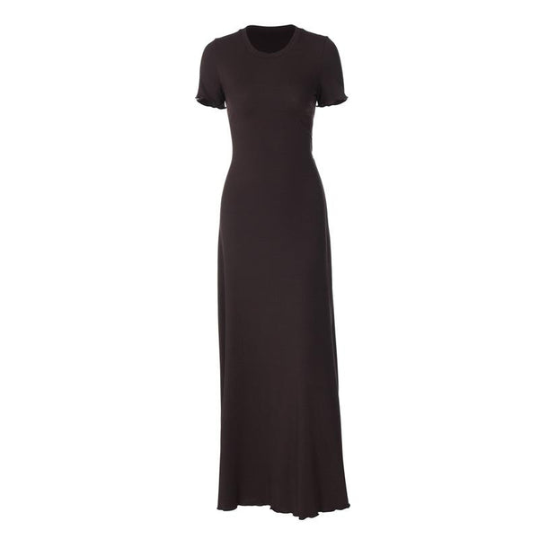 Robe longue unie nouée à volants et col rond à manches courtes 