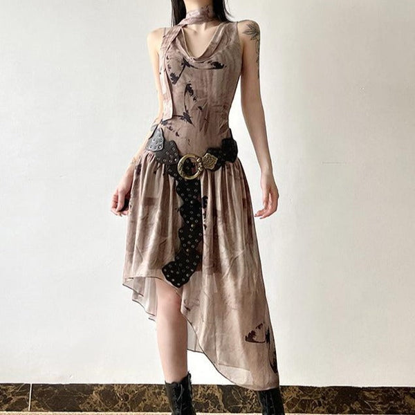 Robe midi sans manches à col bénitier et imprimé froncé irrégulier 