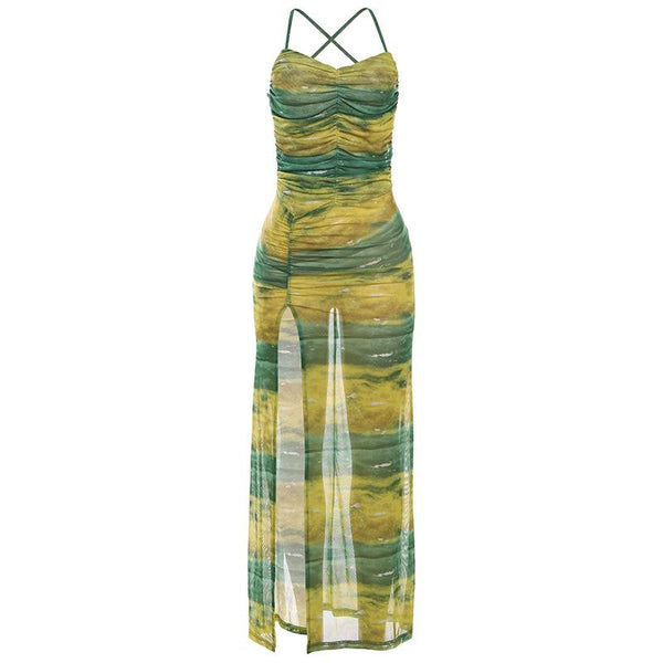 Robe longue froncée à col en V et fente haute en maille transparente | robe samba 