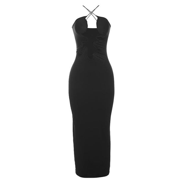 Robe longue à découpes et dos nu croisé sur le devant | Robe rave noire 