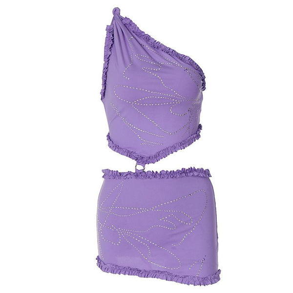 Ensemble mini-jupe à volants et perles sans manches à une épaule 