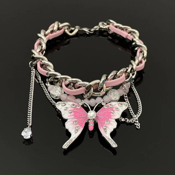 Collier ras du cou en cuir PU avec perles papillon rose