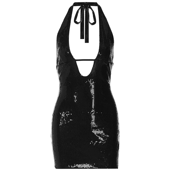 Mini-robe dos nu pailletée à col en V et licou 