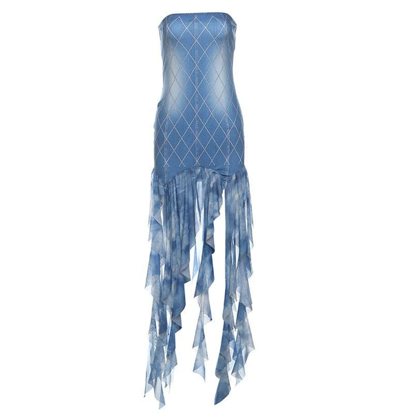 Mini-robe tube contrastée à imprimé écossais et pompons dos nu 