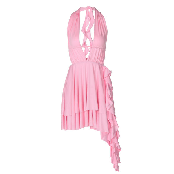 Mini-robe froncée à volants et décolleté licou 