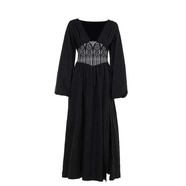 Robe longue corset à manches longues et col en V 