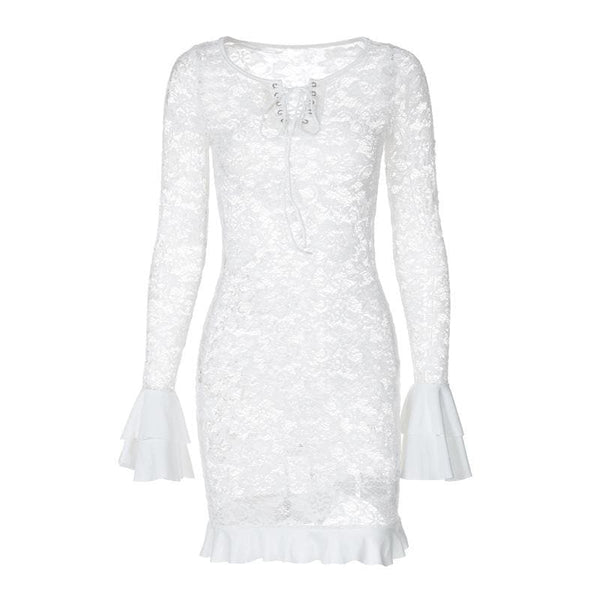 Robe mini transparente à manches longues évasées et à lacets 
