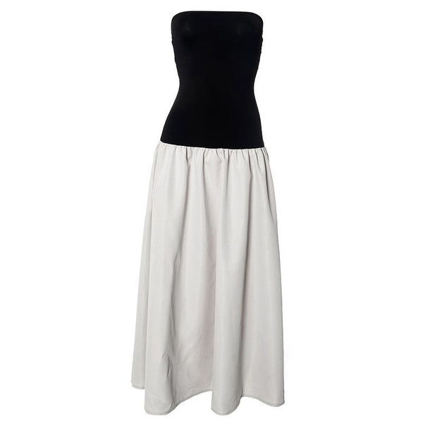 Robe longue tube froncée en patchwork contrasté dos nu 