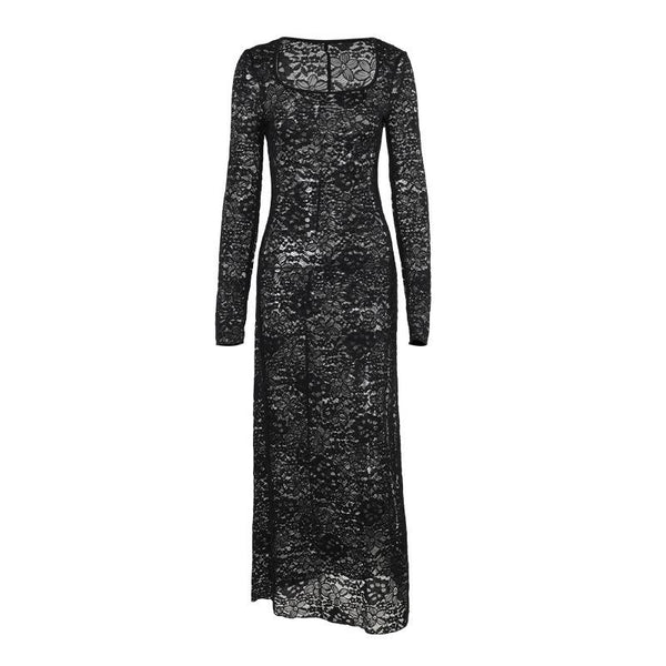 Robe longue fendue en dentelle à manches longues et col en U 