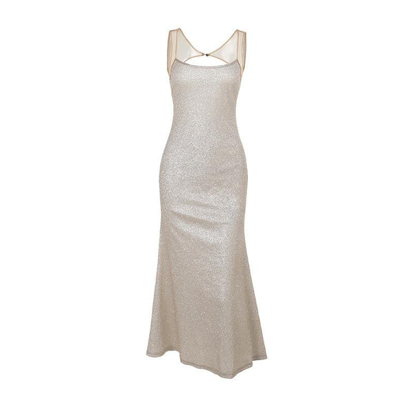 Robe longue camisole dos nu à col en U pailleté 
