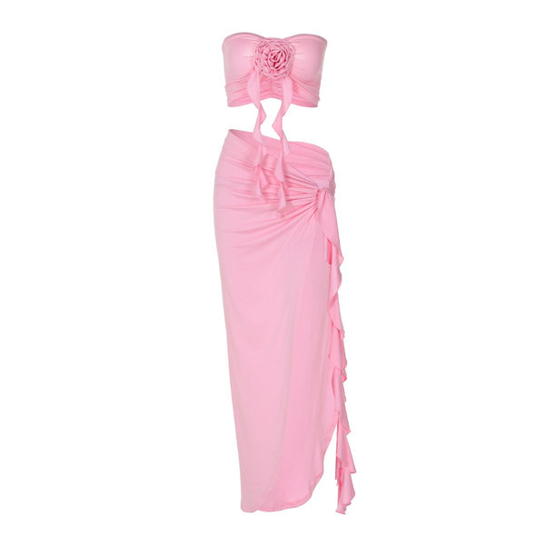 Ensemble jupe tube froncée à volants et appliques florales 