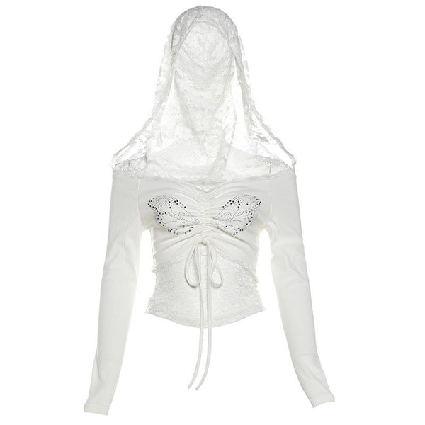 Sweat à capuche à épaules dénudées et manches longues avec cordon de serrage et dentelle perlée 