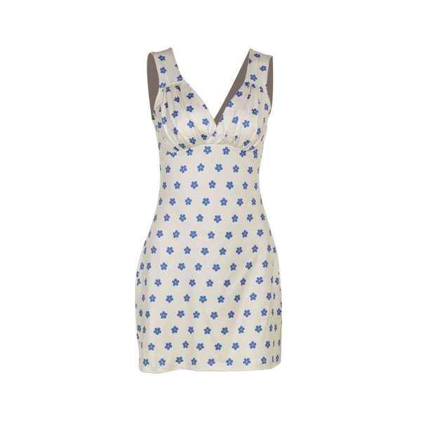 Mini-robe à imprimé floral froncé sans manches et col en V 