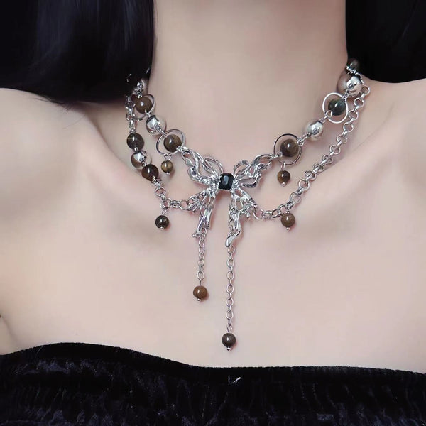 Butterfly beaded o ring layered choker necklace