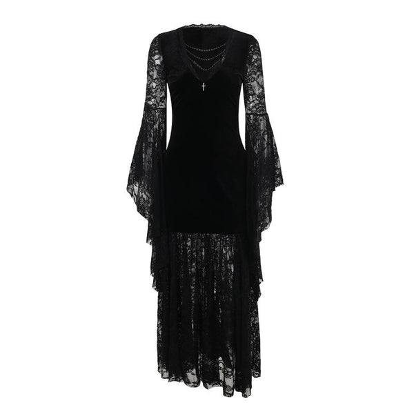 Robe longue en dentelle et velours à manches longues évasées et perles 