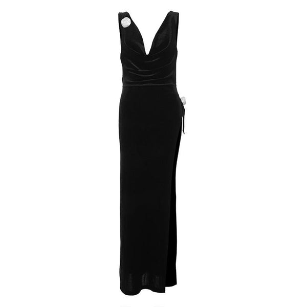 Robe longue en velours à col bénitier, dos nu, fente et nœud papillon appliqué 
