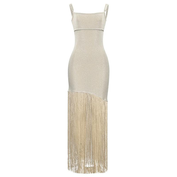 Robe longue camisole à paillettes et col carré à pompons 