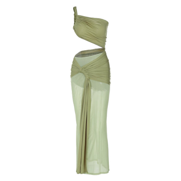 Robe longue en maille ajourée à une épaule froncée 