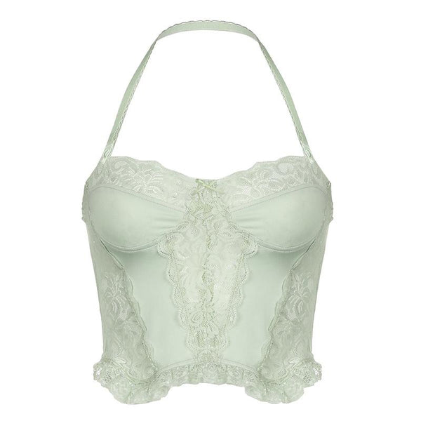 Haut bustier en dentelle dos nu avec col en cœur et patchwork 