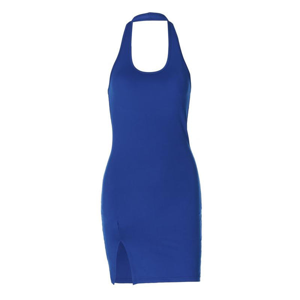 Mini-robe dos nu fendue à col en U et couleur unie 