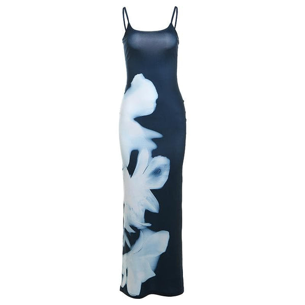 Robe longue camisole contrastée à imprimé col en U et dos nu 