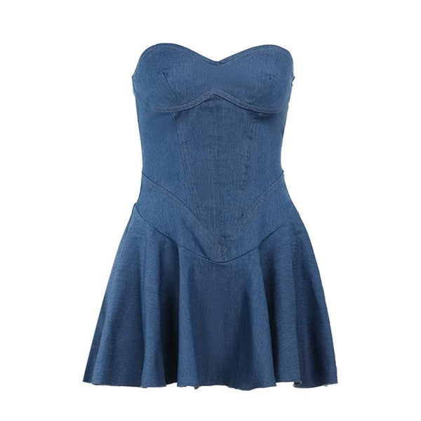Robe mini tube froncée en denim à col en cœur 