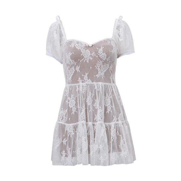 Mini-robe courte à volants en dentelle avec nœud papillon et manches bouffantes 