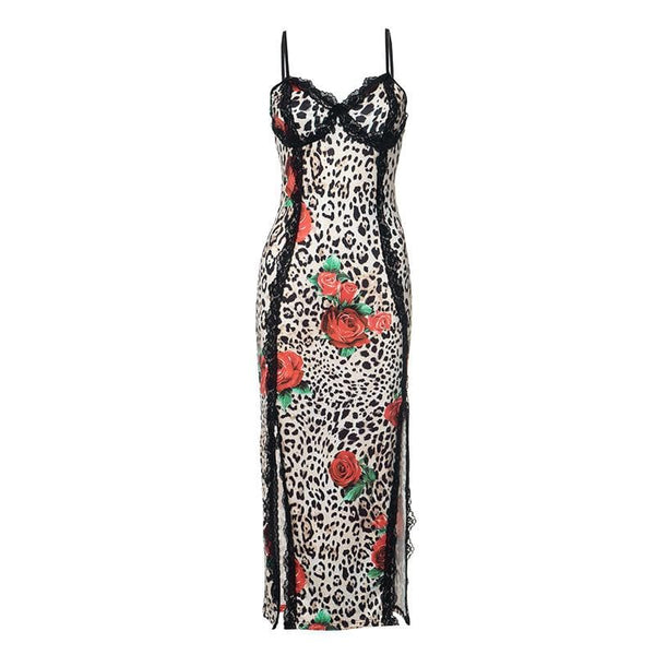 Robe longue fendue à imprimé léopard avec col en cœur et ourlet en dentelle 