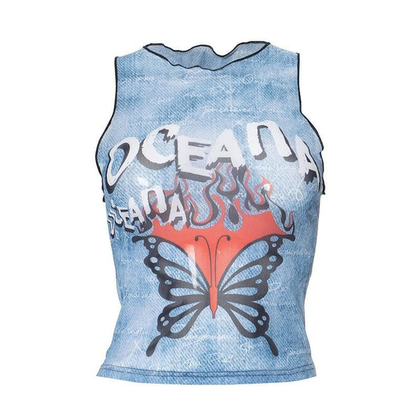 Ruffle butterfly print sheer mesh tank top