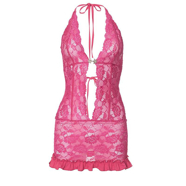 Robe mini à volants en dentelle et métal | Robe de tango rouge 