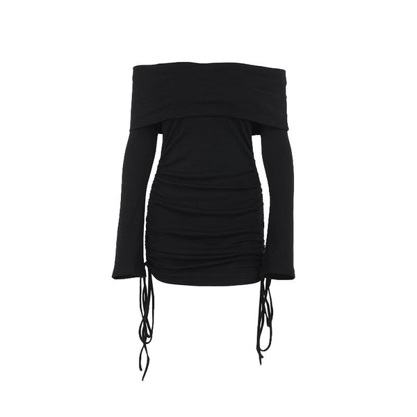 Mini-robe à manches longues évasées et épaules dénudées avec cordon de serrage 