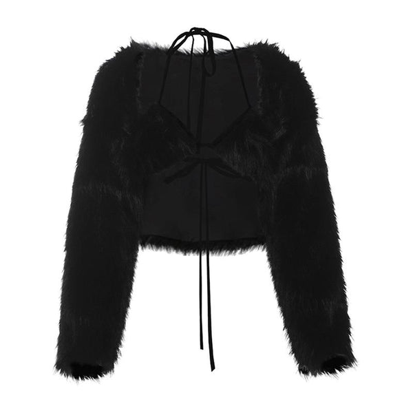 Haut manteau duveteux à manches longues et col licou, ensemble 2 pièces 