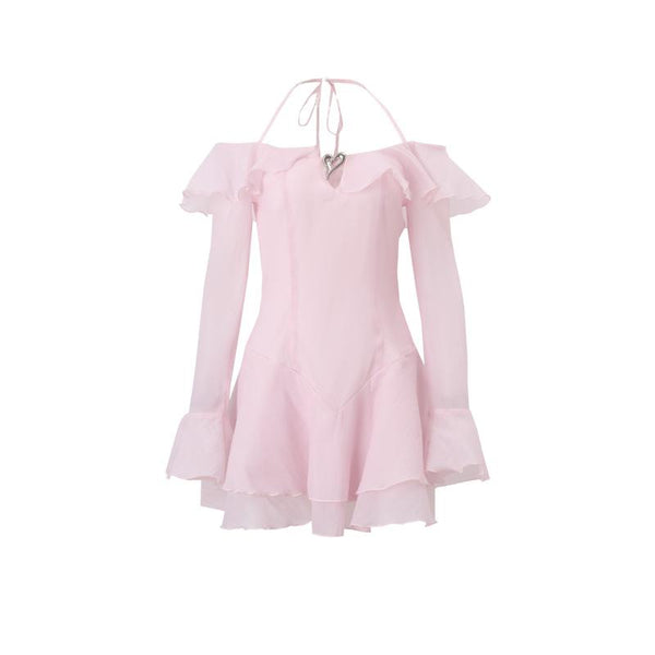 Mini-robe dos nu à épaules dénudées et manches longues à volants avec appliques métalliques 
