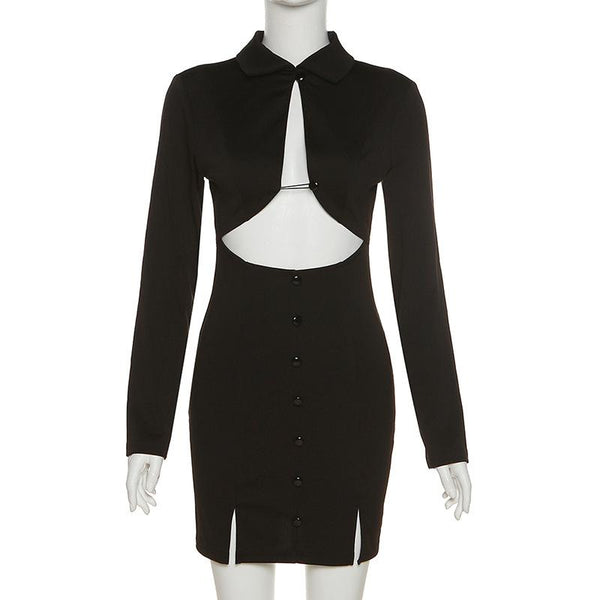 Robe mini à manches longues, col retourné, boutonnée et ajourée 
