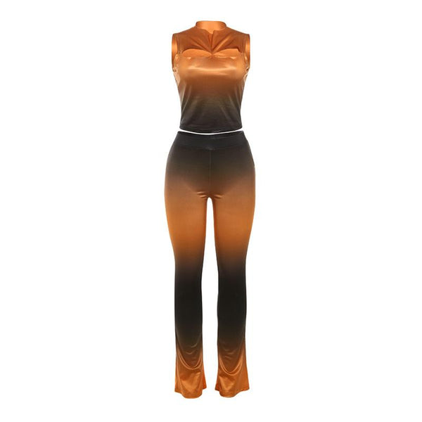 Ensemble pantalon froncé à col ras du cou et dégradé sans manches 