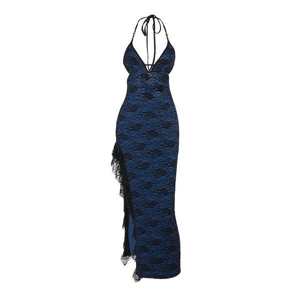 Robe midi imprimée fendue à col en V et ourlet en dentelle 