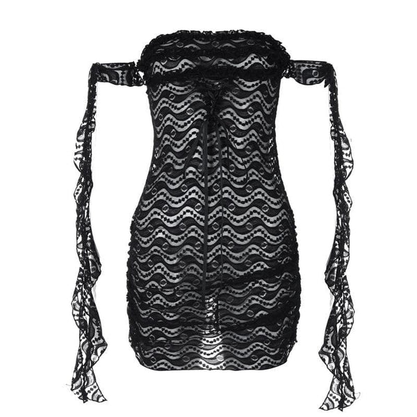 Mini-robe transparente en dentelle à volants et épaules dénudées avec nœud papillon 