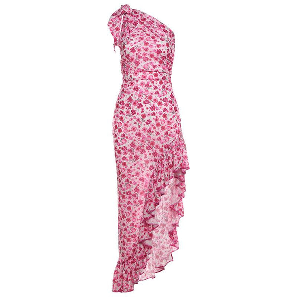 Robe longue à volants et imprimé fleuri avec fente et nœud à une épaule 