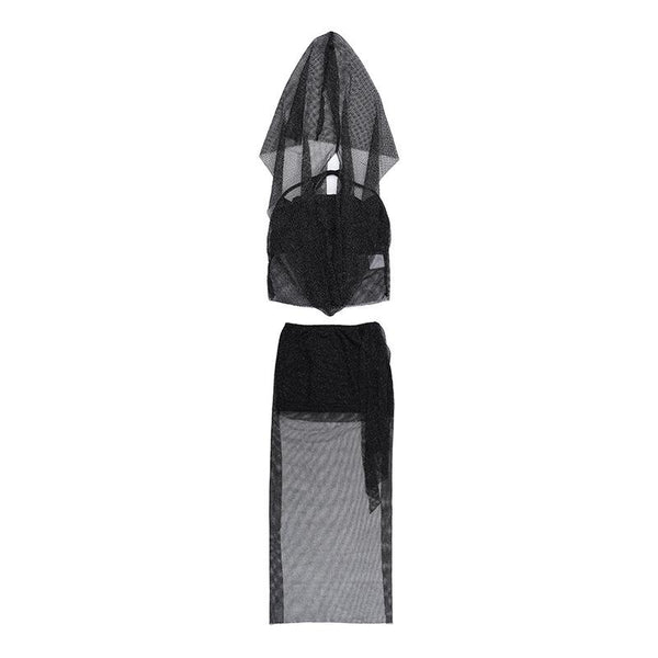 Ensemble 2 pièces mini-jupe à capuche et licou en maille pailletée 
