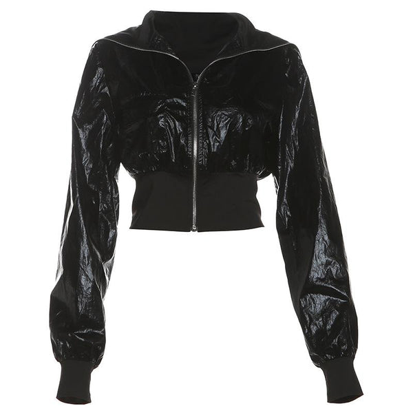 Manteau zippé en cuir PU à manches longues et col rabattu 