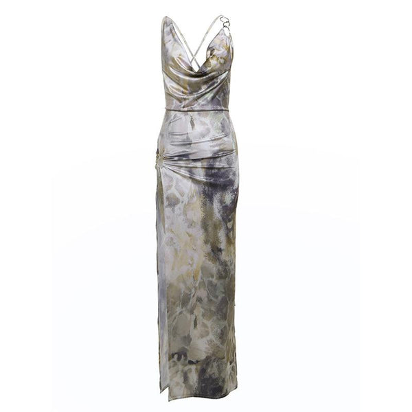 Robe longue imprimée à col bénitier et dos croisé avec anneau en O et fente haute 