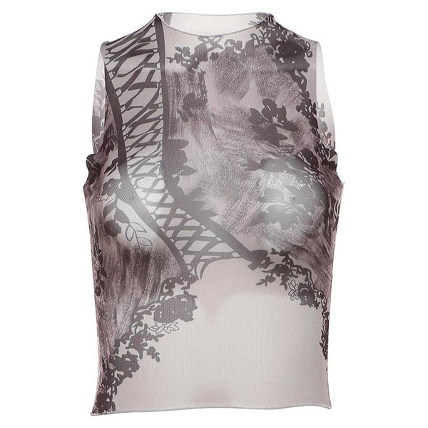 Haut sans manches à col haut en maille transparente imprimée 