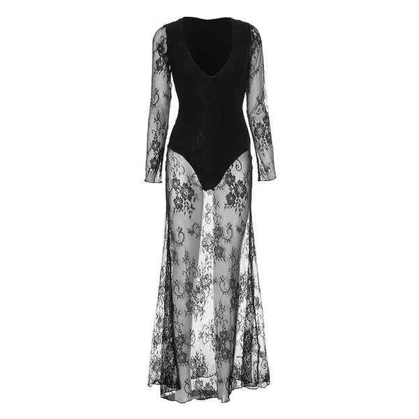 Robe longue en dentelle à manches longues et col en V 