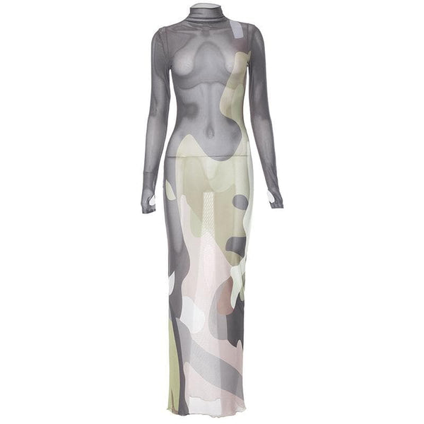 Robe longue à manches longues, col montant, imprimé transparent et gants en maille | robe samba 