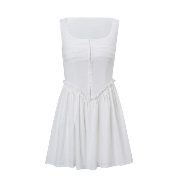 Robe mini bustier froncée à col carré et volants boutonnés | robe tango rouge 
