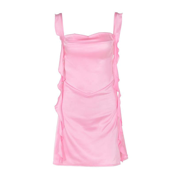 Mini-robe camisole froncée en satin à col bénitier et volants 
