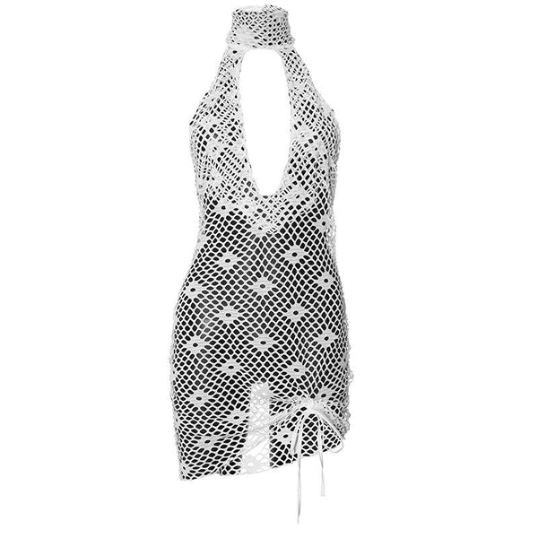 Robe mini irrégulière transparente en résille tricotée à licou 