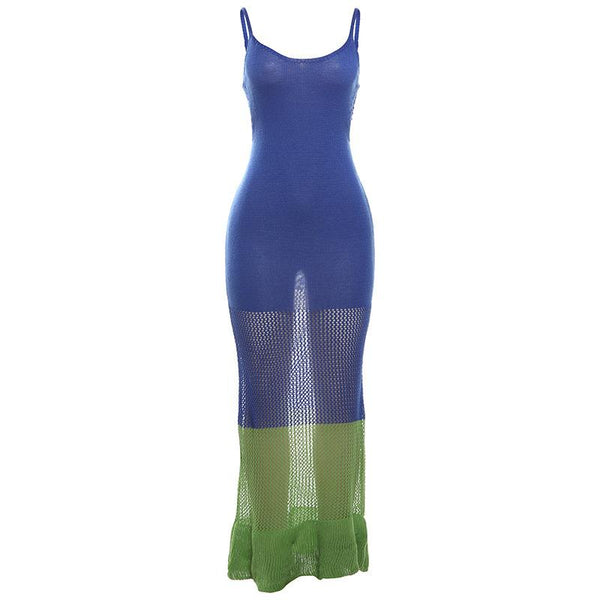 Robe longue transparente en tricot à col en U 