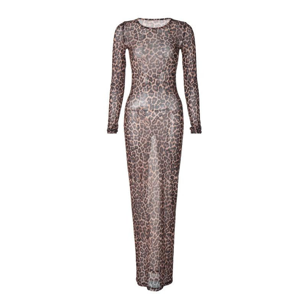 Robe longue à manches longues et col ras du cou en maille transparente à imprimé léopard | robe samba 